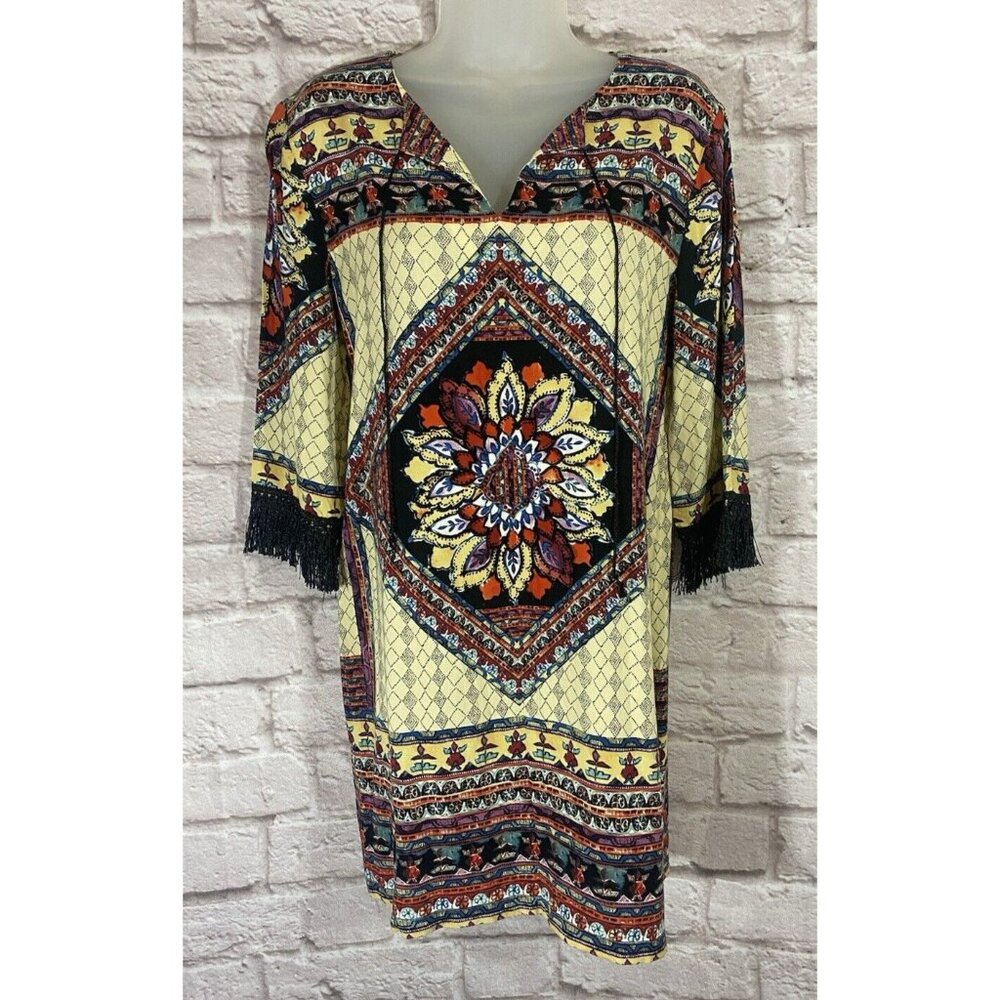 Boston Proper Tunic Dress Small Fringe 3/4‎ Sleeve Multicolor V-Neck Short 9682